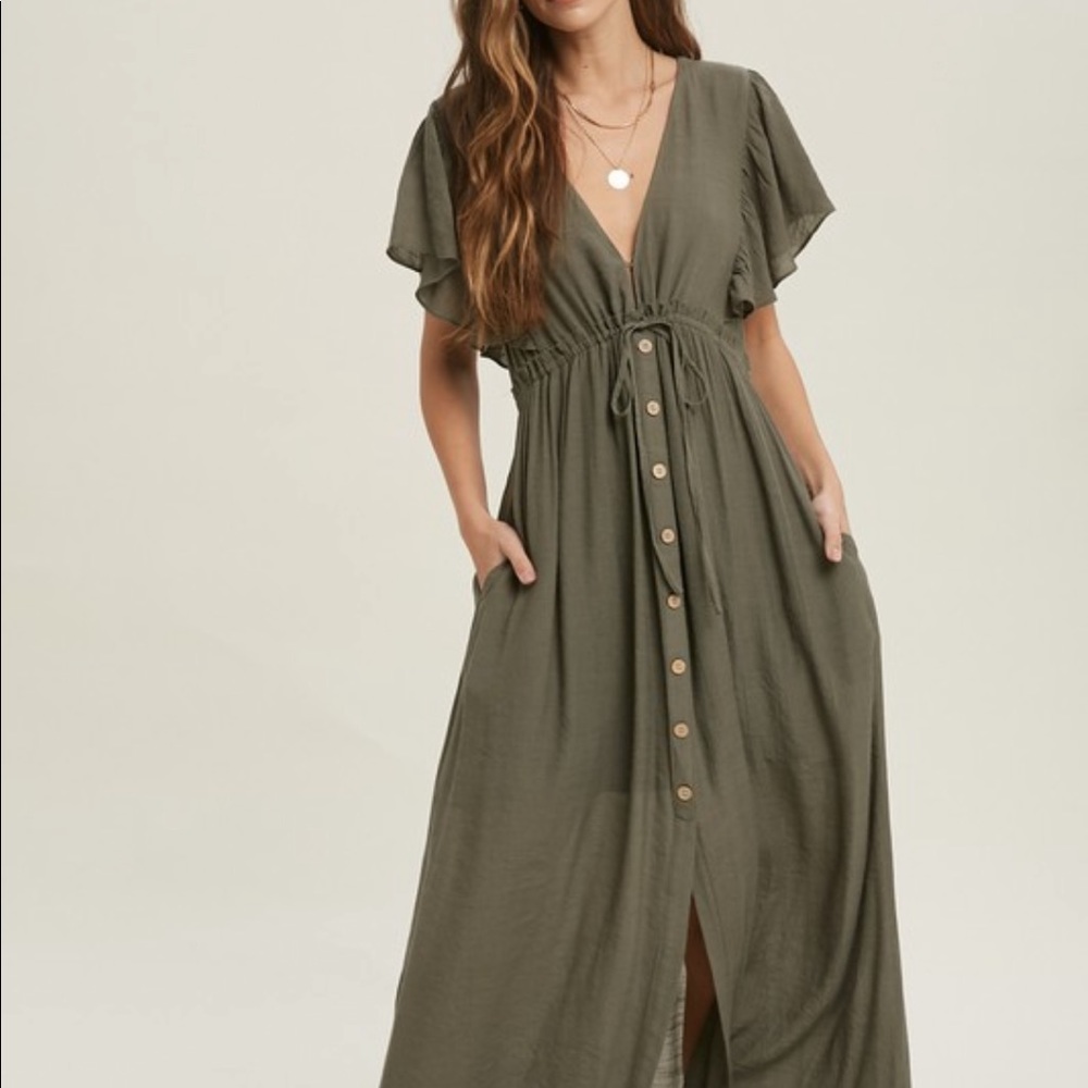 New Bohemian Long Olive Green Maxi Summer Ruffled sleeves Dress - Picture 5 of 7